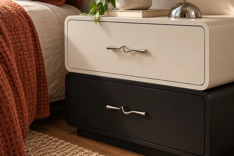 Two-tone bedside pedestal with wave-shaped metal pulls