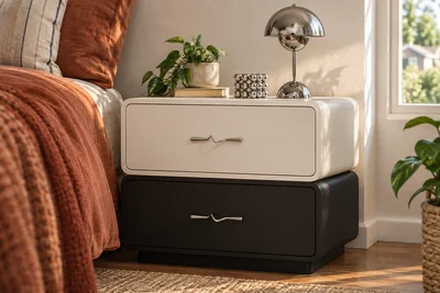Two-tone bedside pedestal with wave-shaped metal pulls
