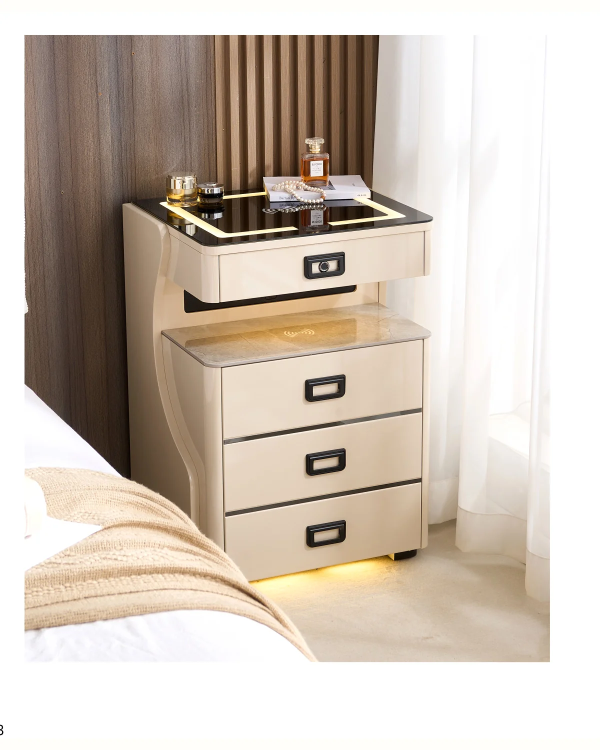 Cream four-drawer bedside pedestal